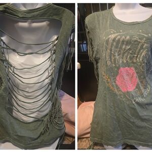 Affliction Olive Cutout Back Tee with Pink Graphic